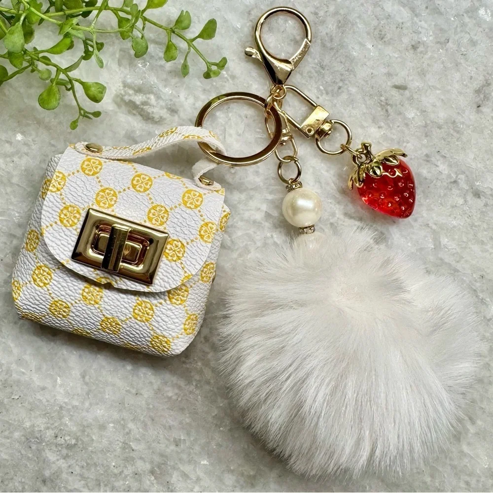 New White Faux Leather Mini Bag Purse Charm Keychain w/ Strawberry & Pom Pom